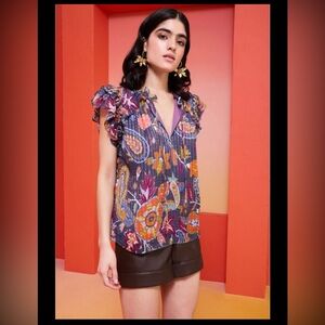 Marie Oliver Tate Top 60% Silk Indigo Tapestry Ruffle Sleeves V-neck Size Large